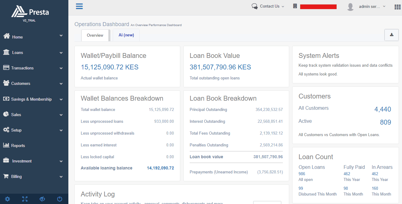 Figure 1.0.3 The Presta LMS Operations Dashboard providing a real-time overview of your lending portfolio.